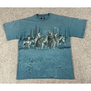 Vintage Wolf Shirt Mens XL Blue Double Sided Forrest Short Sleeve 90s USA Made